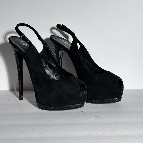 Giuseppe Zanotti Blk Suede Snakeskin High Heel Peeptoe Slingback Pump Sz 8.5 - Picture 8 of 15